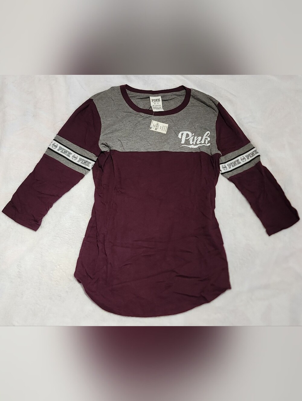 PINK Victoria's Secret Maroon & Gray Long Sleeve Colorblock Top, Size XS